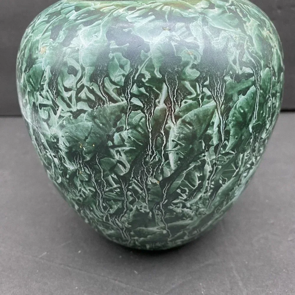 Vintage Brass Vase Green Marbled Abstract Finish Smooth‎ India Boho Artsy 90s